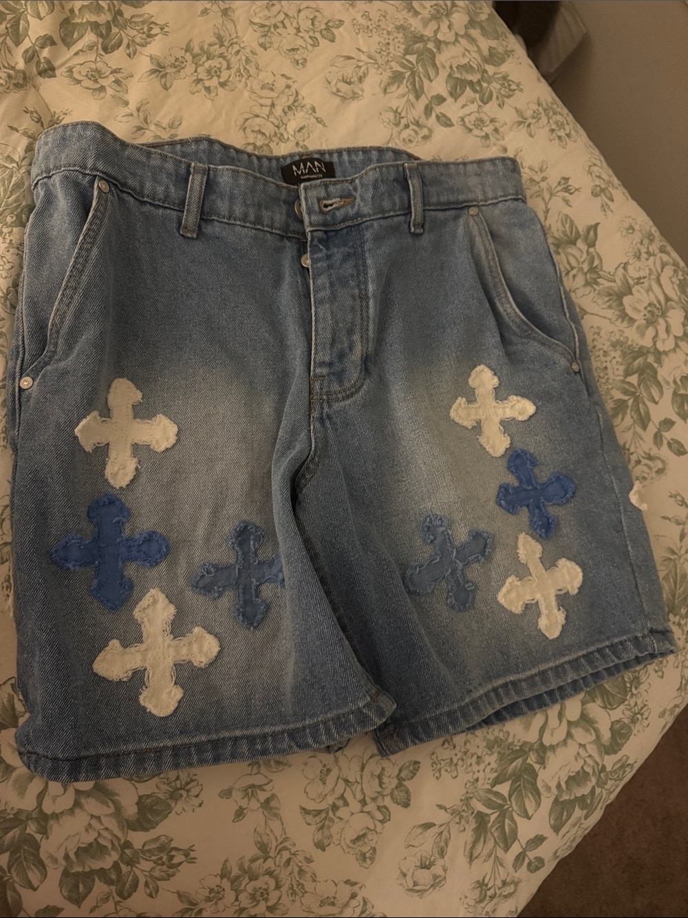 Light Blue Denim Men's Shorts with Blue & White Cross Patches